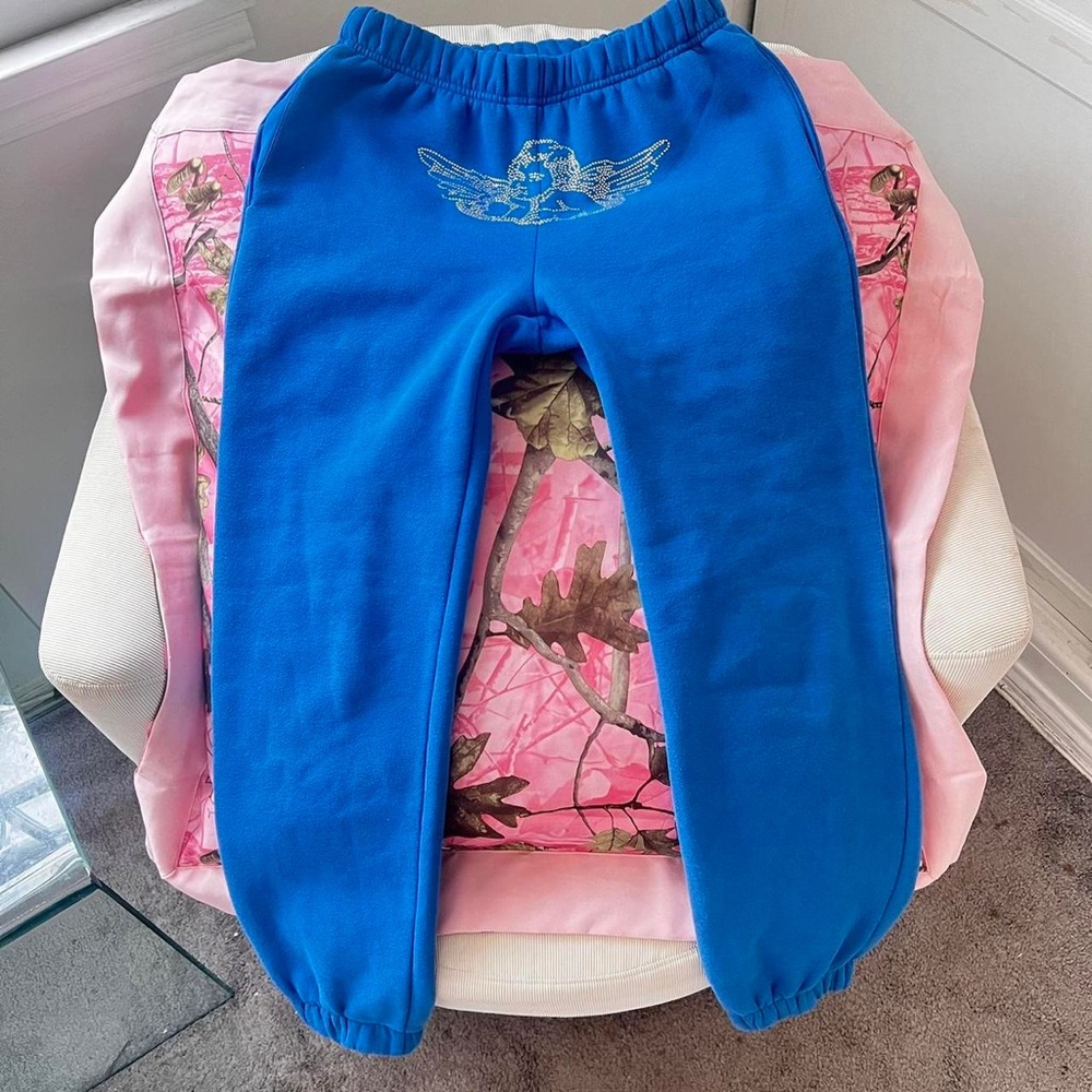 edikted sweatpants royal blue rhinestone angel cuffed joggers